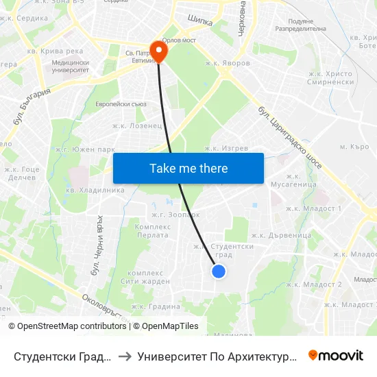 Студентски Град / Students' Town (1694) to Университет По Архитектура, Строителство И Геодезия - Ректорат map