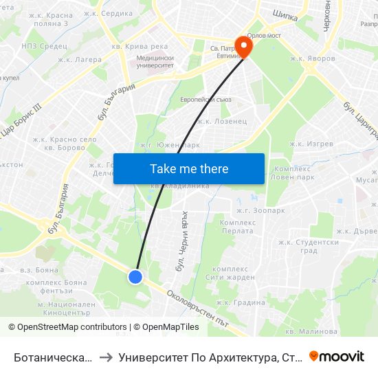 Ботаническа Градина (2685) to Университет По Архитектура, Строителство И Геодезия - Ректорат map
