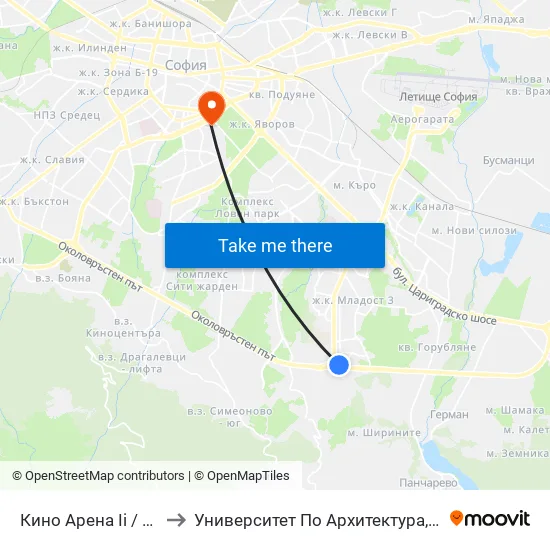 Кино Арена Іі / Arena II Cinema (2648) to Университет По Архитектура, Строителство И Геодезия - Ректорат map