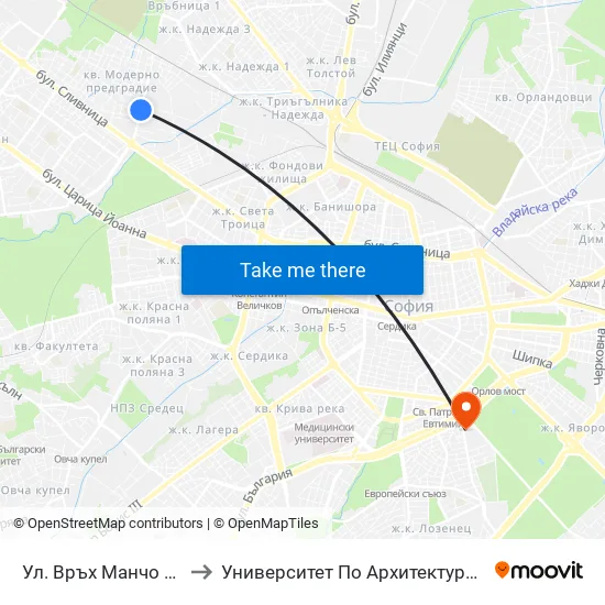Ул. Връх Манчо / Vrah Mancho St. (1199) to Университет По Архитектура, Строителство И Геодезия - Ректорат map