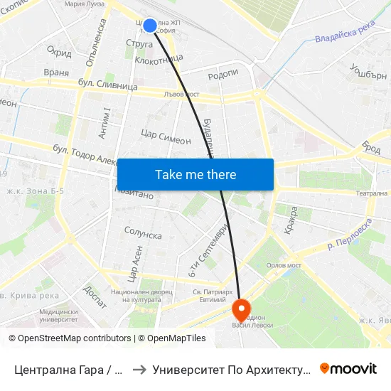 Ⓜ️ Централна Гара / Central Railway Station (1332) to Университет По Архитектура, Строителство И Геодезия - Ректорат map