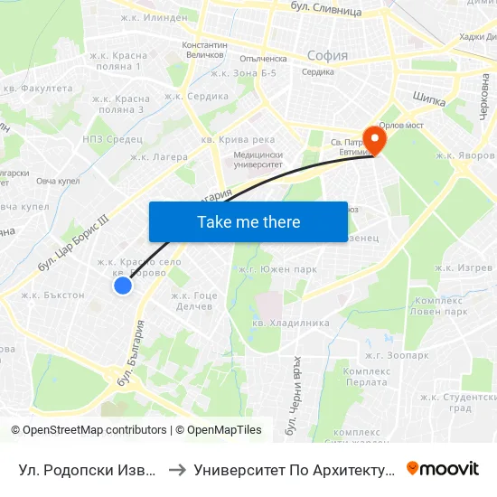 Ул. Родопски Извор / Rodopski Izvor St. (2731) to Университет По Архитектура, Строителство И Геодезия - Ректорат map