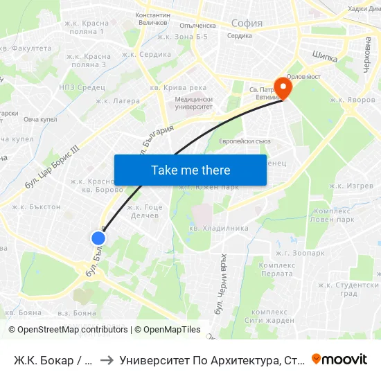 Ж.К. Бокар / Bokar Qr. (2689) to Университет По Архитектура, Строителство И Геодезия - Ректорат map