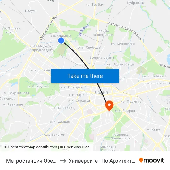 Ⓜ️ Метростанция Обеля / Obelya Metro Station (0060) to Университет По Архитектура, Строителство И Геодезия - Ректорат map
