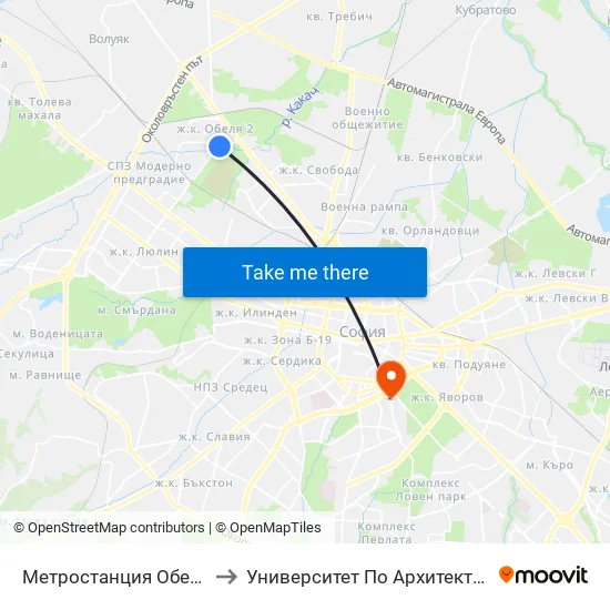 Ⓜ️ Метростанция Обеля / Obelya Metro Station (0059) to Университет По Архитектура, Строителство И Геодезия - Ректорат map