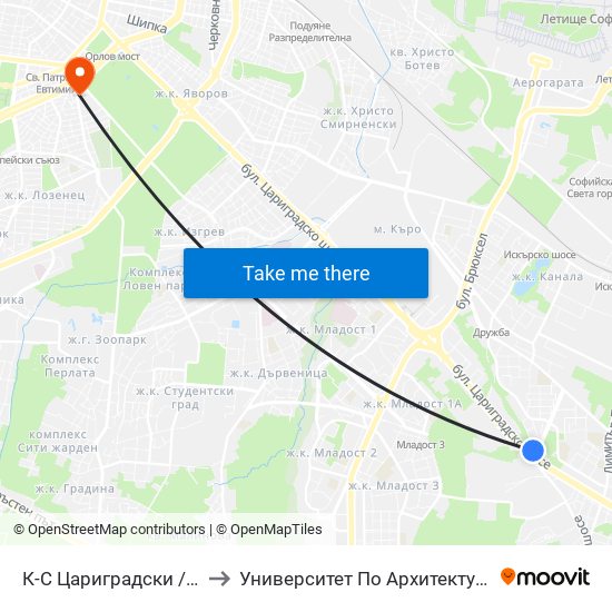 К-С Цариградски / Tsarigradski Complex (2643) to Университет По Архитектура, Строителство И Геодезия - Ректорат map