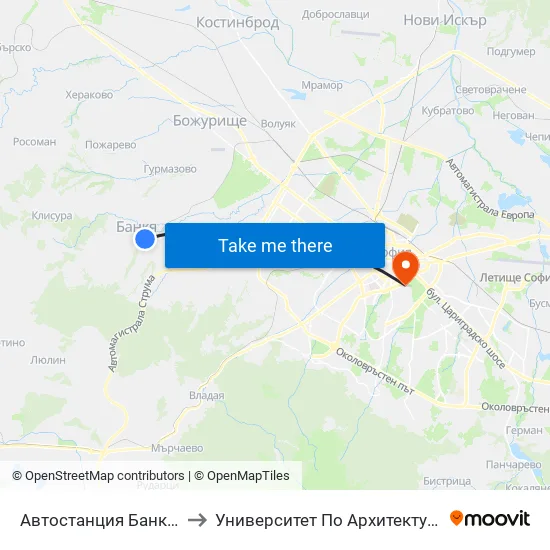 🚌 Автостанция Банкя / Bankya Bus Station (0050) to Университет По Архитектура, Строителство И Геодезия - Ректорат map
