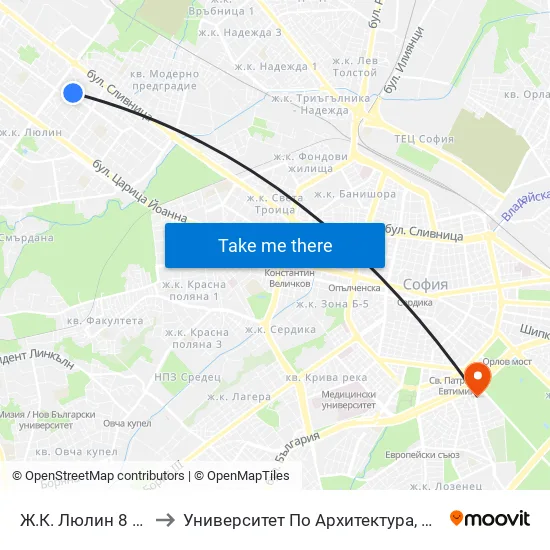 Ж.К. Люлин 8 / Lyulin 8 Qr. (2397) to Университет По Архитектура, Строителство И Геодезия - Ректорат map