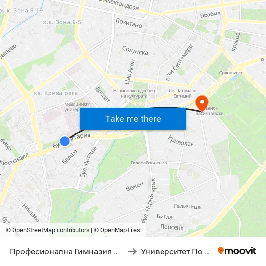 Професионална Гимназия По Дизайн Елисавета Вазова / Elisaveta Vazova High School Of Design (1739) to Университет По Архитектура, Строителство И Геодезия - Ректорат map