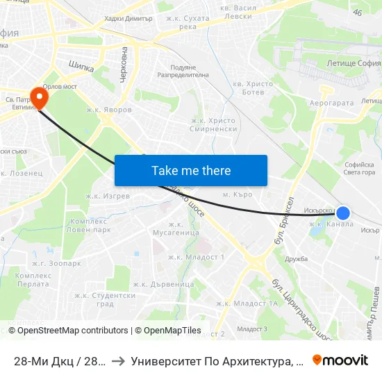 28-Ми Дкц / 28-Th Polyclinic (0025) to Университет По Архитектура, Строителство И Геодезия - Ректорат map