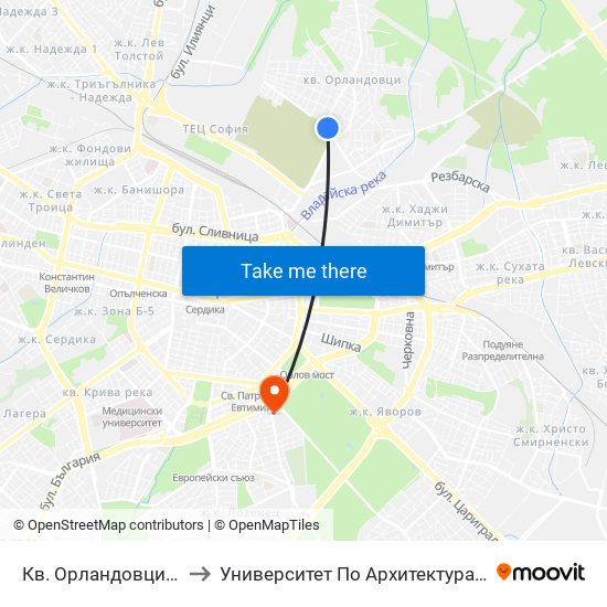 Кв. Орландовци / Orlandovtsi Qr. (0887) to Университет По Архитектура, Строителство И Геодезия - Ректорат map