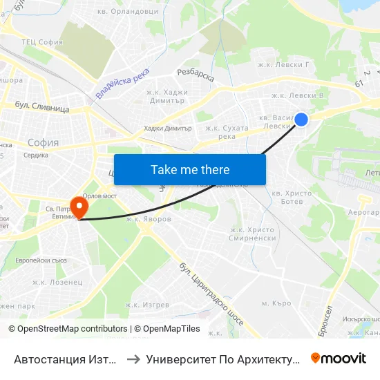 🚌 Автостанция Изток / Iztok Bus Station (2024) to Университет По Архитектура, Строителство И Геодезия - Ректорат map