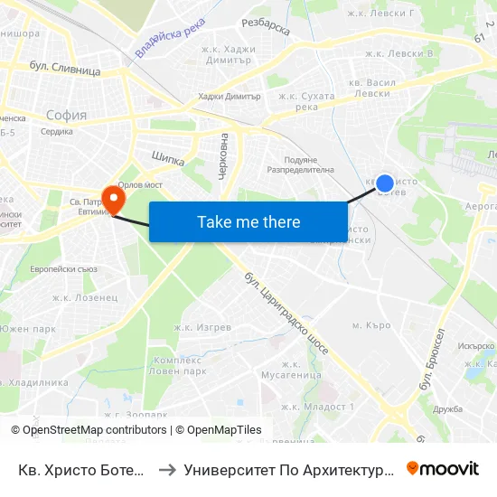 Кв. Христо Ботев / Hristo Botev Qr. (0913) to Университет По Архитектура, Строителство И Геодезия - Ректорат map