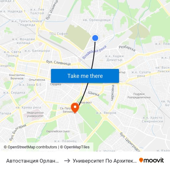 Автостанция Орландовци / Orlandovtsi Bus Station (0063) to Университет По Архитектура, Строителство И Геодезия - Ректорат map