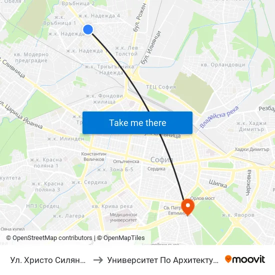 Ул. Христо Силянов / Hristo Silyanov St. (2429) to Университет По Архитектура, Строителство И Геодезия - Ректорат map
