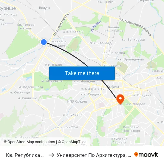 Кв. Република / Republika Qr. (2765) to Университет По Архитектура, Строителство И Геодезия - Ректорат map