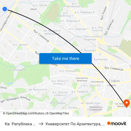 Кв. Република / Republika Qr. (0895) to Университет По Архитектура, Строителство И Геодезия - Ректорат map