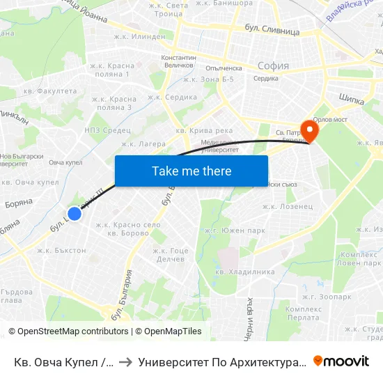 Кв. Овча Купел / Ovcha Kupel Qr. (0876) to Университет По Архитектура, Строителство И Геодезия - Ректорат map