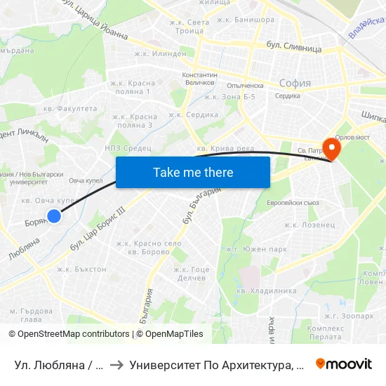 Ул. Любляна / Ljubljana St. (2606) to Университет По Архитектура, Строителство И Геодезия - Ректорат map