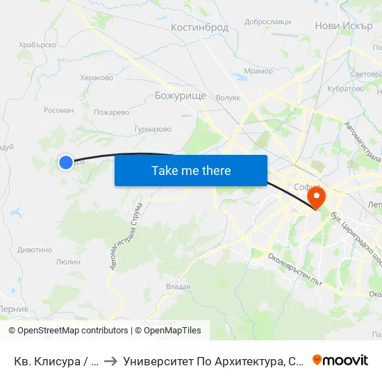 Кв. Клисура / Klisura Qr. (0850) to Университет По Архитектура, Строителство И Геодезия - Ректорат map