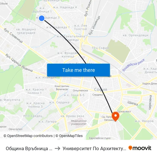 Община Връбница / Vrabnitsa Municipality (0676) to Университет По Архитектура, Строителство И Геодезия - Ректорат map