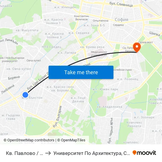 Кв. Павлово / Pavlovo Qr. (0893) to Университет По Архитектура, Строителство И Геодезия - Ректорат map