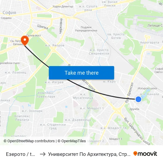 Езерото / the Lake (0558) to Университет По Архитектура, Строителство И Геодезия - Ректорат map