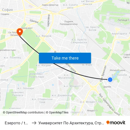 Езерото / the Lake (0559) to Университет По Архитектура, Строителство И Геодезия - Ректорат map