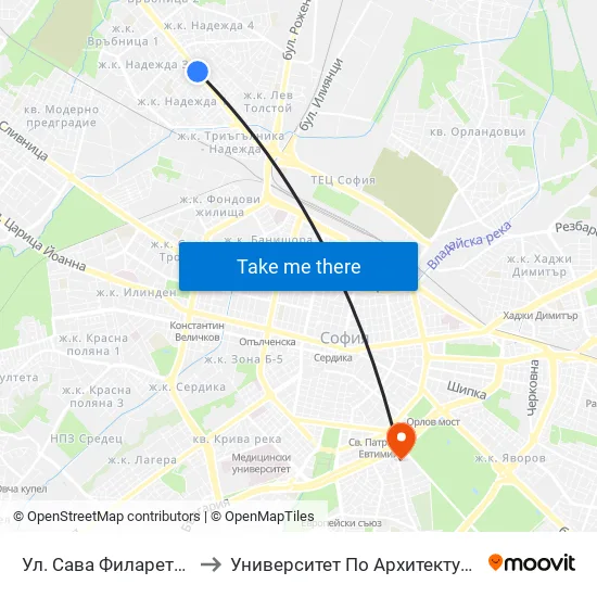 Ул. Сава Филаретов / Sava Filaretov St. (2812) to Университет По Архитектура, Строителство И Геодезия - Ректорат map