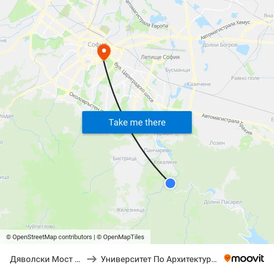 Дяволски Мост / Dyavolski Bridge (0557) to Университет По Архитектура, Строителство И Геодезия - Ректорат map
