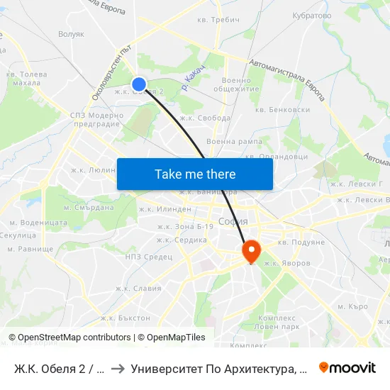 Ж.К. Обеля 2 / Obelya 2 Qr. (0679) to Университет По Архитектура, Строителство И Геодезия - Ректорат map