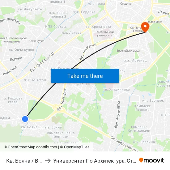 Кв. Бояна / Boyana Qr. (0807) to Университет По Архитектура, Строителство И Геодезия - Ректорат map