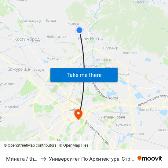 Мината / the Mine (1069) to Университет По Архитектура, Строителство И Геодезия - Ректорат map
