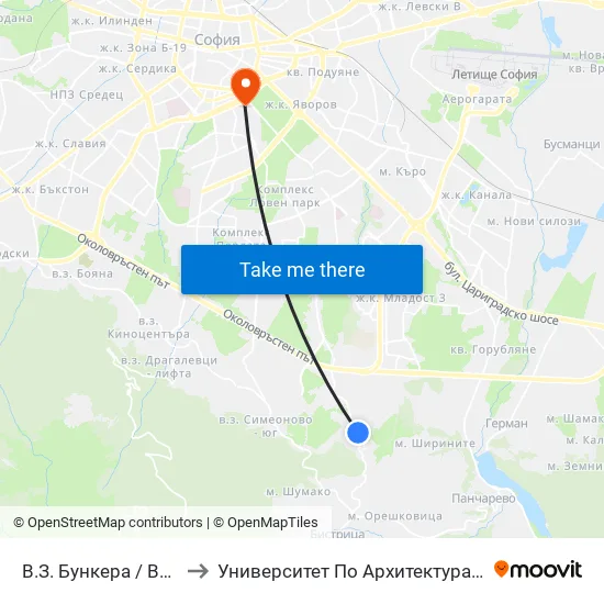 В.З. Бункера / Bunkera Villa Zone (2657) to Университет По Архитектура, Строителство И Геодезия - Ректорат map