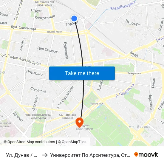 Ул. Дунав / Dunav St. (1940) to Университет По Архитектура, Строителство И Геодезия - Ректорат map