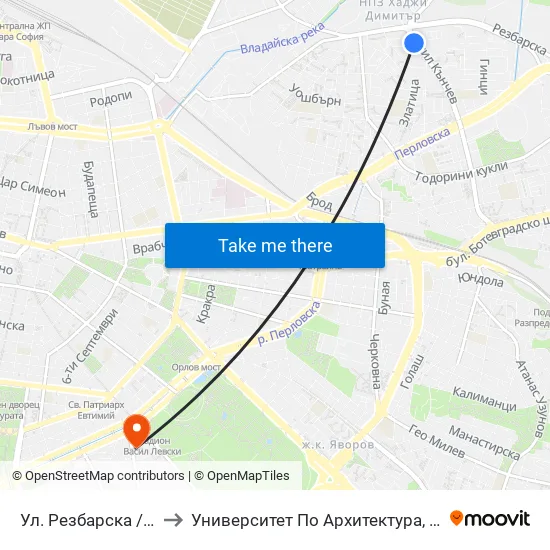 Ул. Резбарска / Rezbarska St. (2155) to Университет По Архитектура, Строителство И Геодезия - Ректорат map