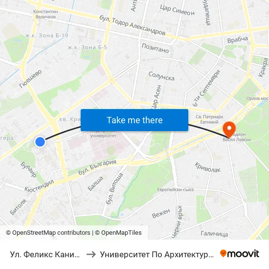 Ул. Феликс Каниц / Feliks Kanitz St. (2423) to Университет По Архитектура, Строителство И Геодезия - Ректорат map