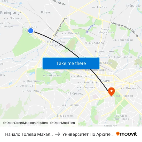 Начало Толева Махала / Entry To Toleva Neighbourhood (2501) to Университет По Архитектура, Строителство И Геодезия - Ректорат map