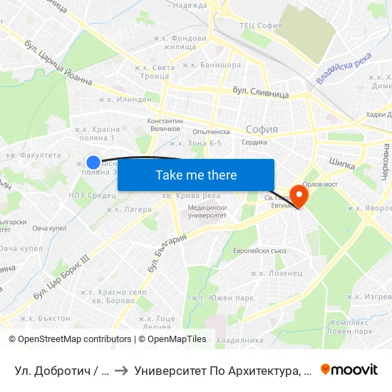 Ул. Добротич / Dobrotich St. (1932) to Университет По Архитектура, Строителство И Геодезия - Ректорат map