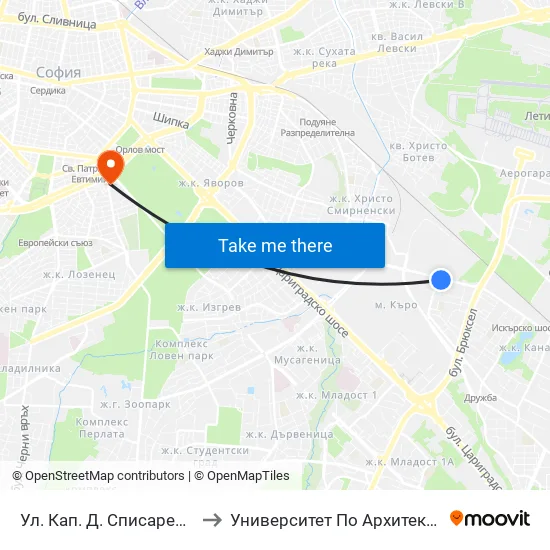 Ул. Кап. Д. Списаревски / Capt. S. Spisarevski St. (1980) to Университет По Архитектура, Строителство И Геодезия - Ректорат map