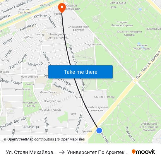 Ул. Стоян Михайловски / Stoyan Mihaylovski St. (2191) to Университет По Архитектура, Строителство И Геодезия - Ректорат map