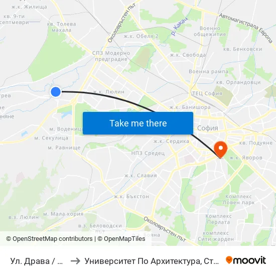 Ул. Драва / Drava St. (1938) to Университет По Архитектура, Строителство И Геодезия - Ректорат map