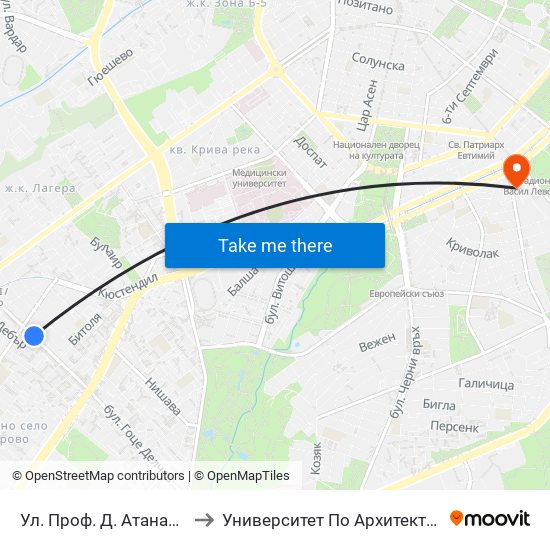 Ул. Проф. Д. Атанасов / Prof. D. Atanasov St. (2135) to Университет По Архитектура, Строителство И Геодезия - Ректорат map