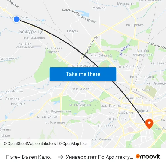 Пътен Възел Калотина / Kalotina Junction (2506) to Университет По Архитектура, Строителство И Геодезия - Ректорат map