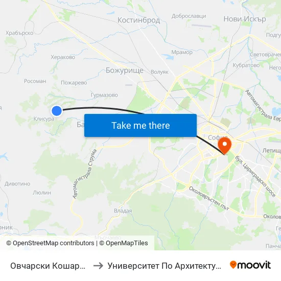 Овчарски Кошари / Ovcharski Koshari (1167) to Университет По Архитектура, Строителство И Геодезия - Ректорат map