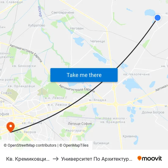 Кв. Кремиковци / Kremikovtsi Qr. (0854) to Университет По Архитектура, Строителство И Геодезия - Ректорат map