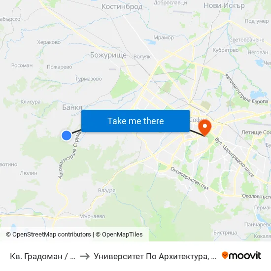 Кв. Градоман / Gradoman Qr. (0832) to Университет По Архитектура, Строителство И Геодезия - Ректорат map