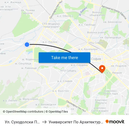 Ул. Суходолски Път / Suhodolski Pat (2199) to Университет По Архитектура, Строителство И Геодезия - Ректорат map