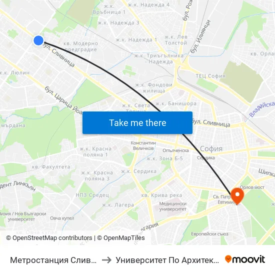 Ⓜ️ Метростанция Сливница / Slivnitsa Metro Station (1060) to Университет По Архитектура, Строителство И Геодезия - Ректорат map