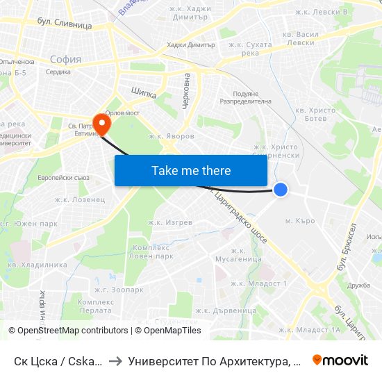 Ск Цска / Cska Sports Club (1155) to Университет По Архитектура, Строителство И Геодезия - Ректорат map